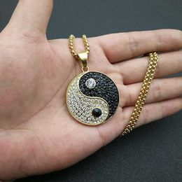 Pendant Necklaces Hip Hop Iced Out Bling Gossip Yin Yang Aumlet Pendant Necklace Gold Silver Colour Stainless Steel Chains For Women Men Jewellery T230413