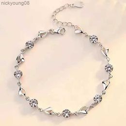 Beaded Silver Color Zircon Love Heart Shaped Bracelets crystals For Women Valentines Gift Wedding party cute Jewelry 8inchesL231114