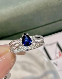 Cluster Rings LR Blue Sapphire Ring 0.91ct Real 18K Gold Natural Unheat Royal Gemstone Diamonds Stone Female