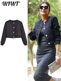 Women s Jackets Tweed Short Bomber Jacket Women 2023 Autumn Winter Casual Frayed Single breasted Solid Coats Elegant Office Lady 231113