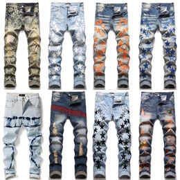 Men's Jeans Hombre Letter Star Jean Embroidery Hole Patchwork Ripped Jeans Trend Motorcycle Pant Mens Skinny Slim Pencil Pants