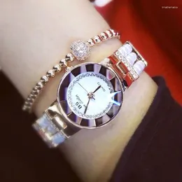 Wristwatches Crystal Lady Watches Pearl Elegant Ins Style White Rose Gold Wrist Woman Full Diamond Watch For Women