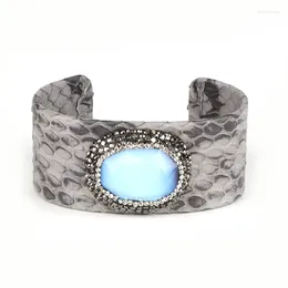 Bangle Pave Rhinestone Oval Sky Blue Stone Bead Charm Adjustable Dark Grey Leather Wide Wrap Open Bracelet Cuff For Women