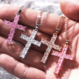 Pendant Necklaces Bling Cross With Zircon Stone Long Chain Silver Colour Necklace For Women Fashion Jewellery Religion