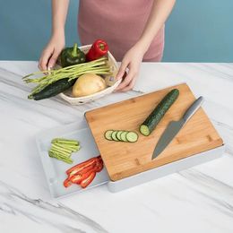 1pc, Bamboo Cutting Board With Tray, Bamboo-Cutting Board With Sliding Out Tray, Chopping Board With Non-Slip Pads, Fruit Cutting-Board With Stainless Steel Trays