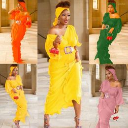 Ethnic Clothing African Woman Dress Chiffon Africa Dashiki Solid Pleated Ruffle Sexy V-neck Loose Elegant Long With Headscarf And Belt