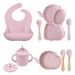 Cups Dishes Utensils 4/6/8 PCS Baby Silicone Children's Tableware Waterproof Bib Kawaii Elephant Feeding Dishes Plate Suction Bowl Sippy Cup Spoon AA230413