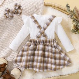 Clothing Sets Born Baby Girl Valentines Day Outfit Long Sleeve White Ribbed Romper Tops And Plaid Suspender Dress Skirt Set
