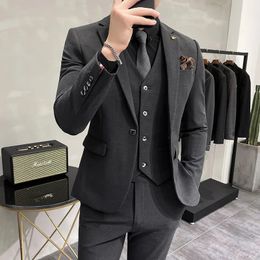 Men's Suits Blazers Jacket Vest Pants High-end Brand Boutique Fashion Solid Color Mens Casual Business Suit 3Piece Set Groom Wedding Dress 231113