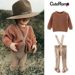 Комплекты: детский свитер, вязаная одежда для маленьких мальчиков и девочек, осенне-зимнее свободное вязаное пальто, корейский свитер для маленьких девочек, комплект леггинсов 231114