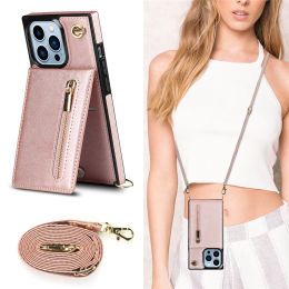 Crossbody Leather Zipper Wallet Cover For iPhone 15 14 13 12Mini 11 Pro Max X XR XS 7 8 Plus Case Cards Holder Lanyard Strap Shoockproof Cover