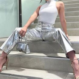 Fashion PU Pants Slim Sliver Women'S Pants Bodycon Straight Trousers Streetwear For Women Reflective Female 2023 Spring