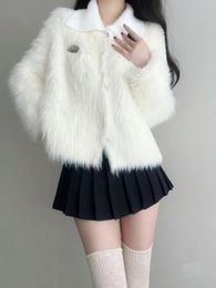 Women's turn down collar mohair wool knitted warm thickening single breasted loose sweater coat SMLXL