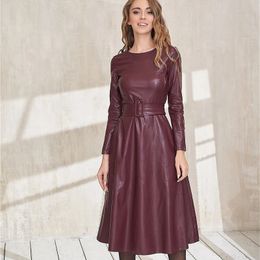 Basic Casual Dresses Fashion Belt Faux Leather Dresses Women Long Sleeve Slim Fit PU Dress Sexy Club Wear Arrival Autumn Winter 231113