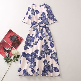 2023 Summer Multicolor Floral Print Belted Dress 1/2 Half Sleeve Round Neck Midi Casual Dresses A3A101500 Plus Size XXL