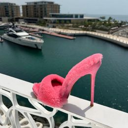 Sexy Fur Slippers Women Fashion Pointed Open Suede Leather Stiletto Heel Dress Shoes Luxury Pink High Heels