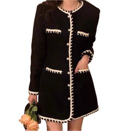 Women's korean fashion o-neck long sleeve tweed woolen single breasted slim waist short dress SM