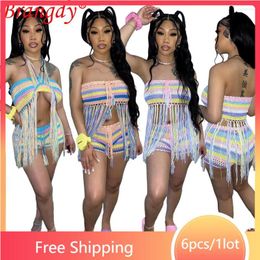 Women's Tracksuits 6sets Wholesale Items For Business Summer Crochet Tassel Shorts 2 Piece Set Outfits Women Tracksuit Fashion Suits B9345