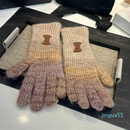 Designer Contrast Color Five Fingers Gloves Winter Warm Knitted Gloves For Women