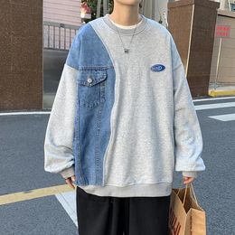 Men's Hoodies Denim Patchwork Sweatshirt For Men 2023 Autumn Korean Fashion Loose Casual Round Neck Long Sleeve Harajuku