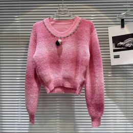 Women's Sweaters PREPOMP 2023 Autumn Arrival Rhinestone Chain Round Collar Pearls Pin Gradient Rose Pink Knitted Pullover Sweater GM014