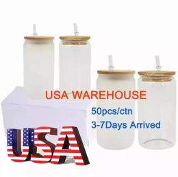 16oz CA USA Warehouse Water Bottles DIY Blank Sublimation Can Tumblers Shaped Beer Glass Cups with Bamboo Lid and Straw for Iced Coffee Soda GG1114