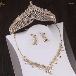 Necklace Earrings Set Baroque Vintage Gold Color Crystal Leaf Bridal Rhinestone Crowns Choker African Beads Jewelry