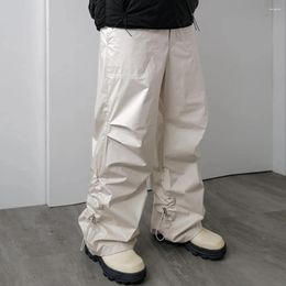 Men's Pants Harajuku White Colour Side Ruched Drawstring Casual Cargo Wide Leg Baggy Oversized Overalls Unisex Loose Trousers