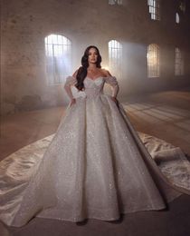 Ball Gown Wedding Dresses V Neck Long Sleeves Sequins Appliques Beaded Floor Length Ruffles 3D Lace Diamonds Off Shoulder Bridal Gowns Plus Size Vestido de novia