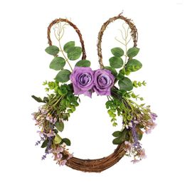 Decorative Flowers Easter Flower Wreath Blossom Purple Rose With Green Leaves Rattan For Front Door Indoor Wall Window Decor