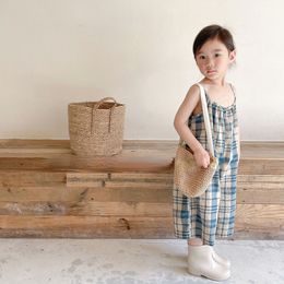 Overalls Baby Girls summer fashion plaid overalls linen cotton loose all-match suspenders trousers 1-6Y 230414