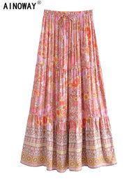 Skirts Vintage Chic Women Hippie Floral Print Beach Bohemian Skirt High Waist Rayon Cotton Maxi A-Line Boho Skirts Femme 230414