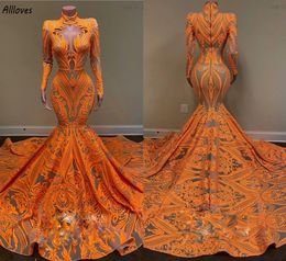 Classic Orange Lace Mermaid Evening Dresses High Collar Long Sleeves Special Occasion Party Gowns Court Train Arabic Aso Ebi Second Reception Prom Dress CL2922