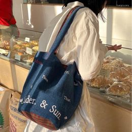Evening Bags Xiuya Vintage Blue Shoulder Bag Letter Print Fashion Simple Handbag Korean Style Large Capacity High Quality Canvas Bucket