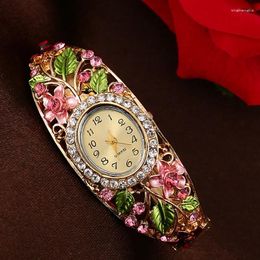 Wristwatches Women Lady Beauty Crystal Coloured Alloy Flower Bangle Bracelet Gold Watch Analogue Quartz Gemstone Classic Dress Wristwatch