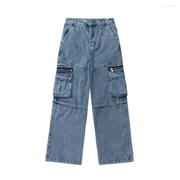 Men's Jeans Blue Mens Loose Cargo Fashion Side Zipper Pockets Baggy Denim Pants High Street Hip Hop Vintage Oversized Ripped Jean