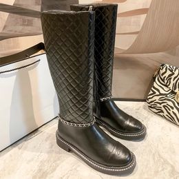 Designer boots women genuine leather winter boots classic double letter diamond lattice keen high boots zipper chain flat bottom non slides ladies boot luxury boots