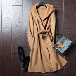 Misturas de lã feminina BELIARST outono e inverno 100% casaco puro It Moman casual cardigã com capuz artesanal cashmere jaqueta dupla face 231114