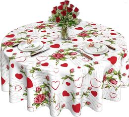 Table Cloth Round Tablecloth 60 Inch Valentine's Day White Vintage Red Heart Rose For Rustic Farmhouse Kitchen Decor Waterproof