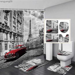 Shower Curtains Red Phone Booth Shower Curtain Set Vintage Bus London Street Scenery Home Bathroom Decor Slip Rug Bath Mats Toilet Cover R231114