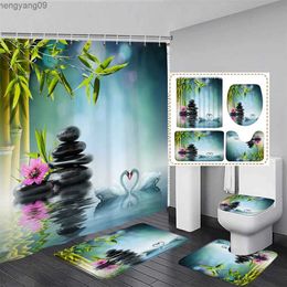 Shower Curtains Zen Green Bamboo Shower Curtain Set Pink Lotus Orchid Grey Stone Spa Scenery Bathroom Decor Rug Bath Mats Toilet Cover R231114