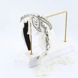 Hair Clips White Lace Luxury Baroque LongTassel Pearl Crystal Headband Rhinestone Tiara Accessories For Women's Wedding 229