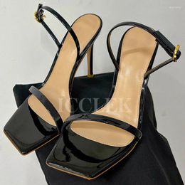 Slippers Ladies Summer Patent Leather Upper One Strap Design Sexy Super High Heels Narrow Band Open Toe Female Sandalias