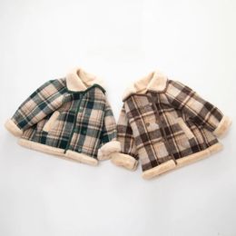 Down Coat Children's Plaid Plus Velvet Double Breasted Jacket 2023 Autumn Winter Toddler Baby Boys Girls Woollen Warm Outwear 231113