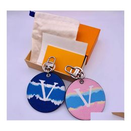 Keychains Lanyards Esigner Letter Print Blue Pink Simple Car Keychain Bag Pendant Charm Jewelry Key Ring Holder Pu Leather Chain A Dhudf