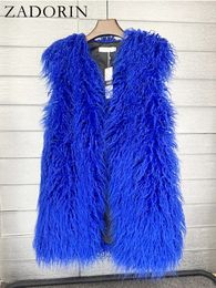 Women's Fur Faux Fur ZADORIN Fashion Winter Mid Long Fluffy Faux Fur Vest Women Colorful Faux Mongolia Sheep Fur Gilet Fake Fur Jackets Women Coats 231113