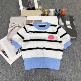 Knitted T-shirts Chest Logo Embroidery Striped Print Embellished Short Sleeve Tee Colour Matching Thread Pack Edge Design Classic Crewneck Pullover Joker Tops