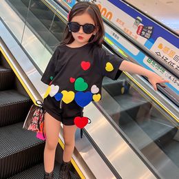 T-shirts Summer Girls T Shirt Baby Tee Shirt Kids Tops Children Streetwear Clothes Fashion Colorful Heart Print Cotton 4-13Y 230414