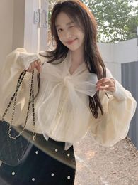 Women's Blouses Autumn Bow Shirts Women Elegant Long Sleeve Mesh Lace Patchwork Female Korean Fashion Sweet Ulzzang Loose Casual Blusas