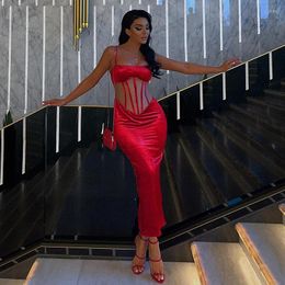 Casual Dresses Zoctuo Women Party Club Evening Birthday Bodycon Mesh Sheer Red Midi Dress 2023 Fall Clothing Wholesale Items For Business